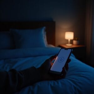 Uma pessoa desligando um smartphone com um gesto de alívio, enquanto a luz azul do aparelho diminui, e o ambiente ao redor se torna mais sereno e aconchegante.