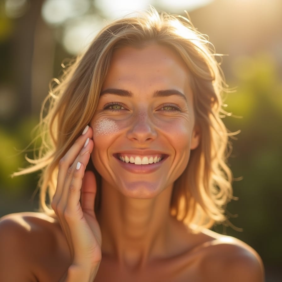 Uma pessoa com um sorriso genuíno, aplicando protetor solar no rosto, com um fundo de luz solar suave e natural, transmitindo uma sensação de cuidado e bemestar. Uma pessoa com um sorriso genuíno, aplicando protetor solar no rosto, com um fundo de luz solar suave e natural, transmitindo uma sensação de cuidado e bemestar.