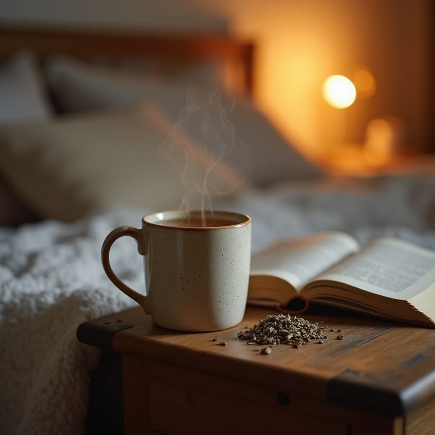 Uma xícara de chá de ervas fumegante em uma mesa de cabeceira com um livro aberto ao lado. O ambiente é aconchegante, com luz ambiente suave, talvez uma luminária pequena, transmitindo uma sensação de calma e preparação para o sono. Uma xícara de chá de ervas fumegante em uma mesa de cabeceira com um livro aberto ao lado. O ambiente é aconchegante, com luz ambiente suave, talvez uma luminária pequena, transmitindo uma sensação de calma e preparação para o sono.