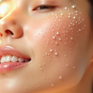 Uma imagem closeup de uma pele hidratada e viçosa, talvez com gotículas de água suavemente sobre ela, transmitindo frescor e elasticidade. Foco em uma textura saudável e luminosa.