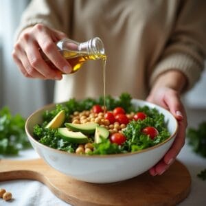 Closeup das mãos de uma pessoa preparando uma salada vibrante em uma tigela de madeira. Vemos folhas de espinafre, pedaços de abacate, mirtilos e nozes sendo misturados, com uma garrafa de azeite de oliva ao lado, transmitindo um sentimento de cuidado, saúde e prazer na preparação da comida.