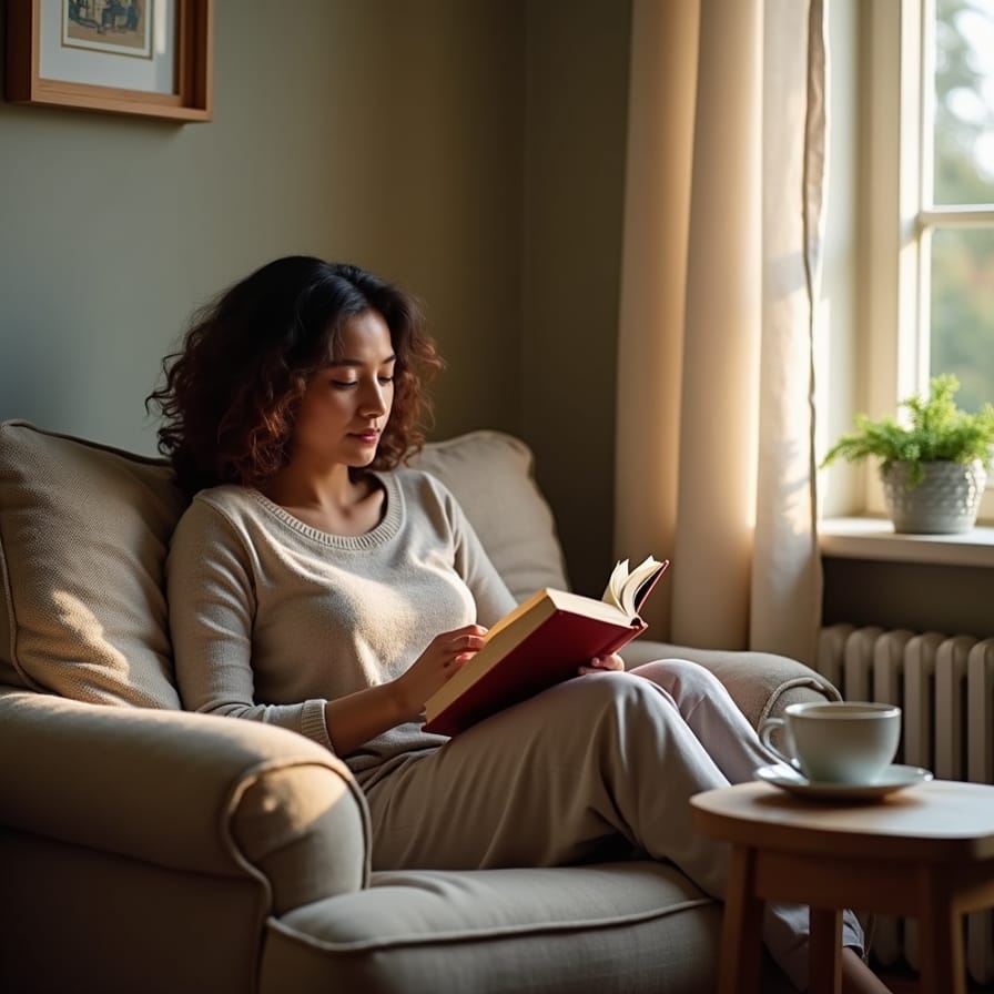 Uma mulher relaxada lendo um livro em um ambiente aconchegante (sofá ou poltrona), com uma xícara de chá ao lado e luz natural, transmitindo tranquilidade, autocuidado e o prazer de um momento só seu. Uma mulher relaxada lendo um livro em um ambiente aconchegante (sofá ou poltrona), com uma xícara de chá ao lado e luz natural, transmitindo tranquilidade, autocuidado e o prazer de um momento só seu.