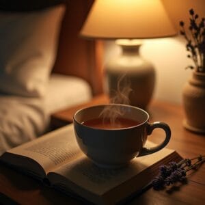 Uma visão de cima de um quarto aconchegante e escuro. Vemos uma pessoa dormindo pacificamente sob um cobertor pesado (weighted blanket). Na mesinha de cabeceira, um difusor de aromaterapia solta uma névoa suave e um diário com uma caneta repousa ao lado.