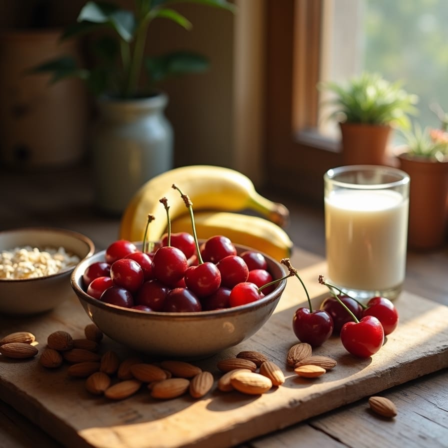Uma cena aconchegante com alimentos saudáveis dispostos sobre uma mesa de madeira (amêndoas, cerejas, banana, aveia), com luz suave, transmitindo a ideia de nutrição e relaxamento para o sono. Uma cena aconchegante com alimentos saudáveis dispostos sobre uma mesa de madeira (amêndoas, cerejas, banana, aveia), com luz suave, transmitindo a ideia de nutrição e relaxamento para o sono.