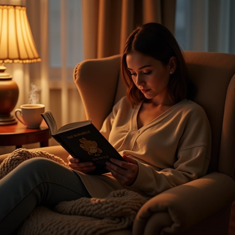 Uma pessoa lendo um livro em uma poltrona aconchegante, com uma xícara de chá e luz suave. O ambiente transmite tranquilidade e foco em uma atividade analógica. Uma pessoa lendo um livro em uma poltrona aconchegante, com uma xícara de chá e luz suave. O ambiente transmite tranquilidade e foco em uma atividade analógica.