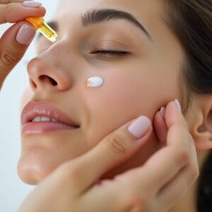 Closeup das mãos de uma pessoa aplicando um sérum ou hidratante leve no rosto. A pele do rosto está visivelmente limpa e bem cuidada, com uma textura suave. O foco está nos gestos delicados e nos produtos de textura leve sendo absorvidos pela pele, transmitindo a ideia de um cuidado eficaz e prazeroso.