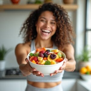 Uma pessoa (gênero neutro, jovem adulto) ativa e sorridente, segurando uma tigela colorida de smoothie de frutas e verduras, ou uma salada vibrante. O ambiente é iluminado e fresco, talvez ao ar livre ou em uma cozinha moderna, transmitindo alegria, vitalidade e a sensação de que a alimentação está impulsionando a energia do dia.