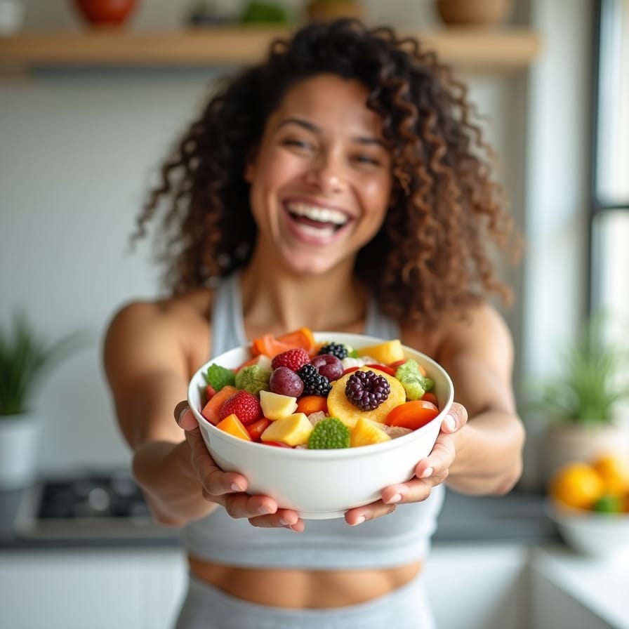 Uma pessoa (gênero neutro, jovem adulto) ativa e sorridente, segurando uma tigela colorida de smoothie de frutas e verduras, ou uma salada vibrante. O ambiente é iluminado e fresco, talvez ao ar livre ou em uma cozinha moderna, transmitindo alegria, vitalidade e a sensação de que a alimentação está impulsionando a energia do dia. Uma pessoa (gênero neutro, jovem adulto) ativa e sorridente, segurando uma tigela colorida de smoothie de frutas e verduras, ou uma salada vibrante. O ambiente é iluminado e fresco, talvez ao ar livre ou em uma cozinha moderna, transmitindo alegria, vitalidade e a sensação de que a alimentação está impulsionando a energia do dia.