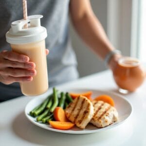 Uma pessoa bebendo um smoothie de proteína e frutas, com uma refeição póstreino balanceada ao fundo, incluindo frango grelhado e vegetais, em um ambiente que transmite saúde e bemestar.