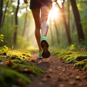 Foto inspiradora, vista de baixo, dos pés de uma pessoa com tênis caminhando em uma trilha na natureza. A luz do sol filtra por entre as árvores, criando uma atmosfera de esperança e movimento.
