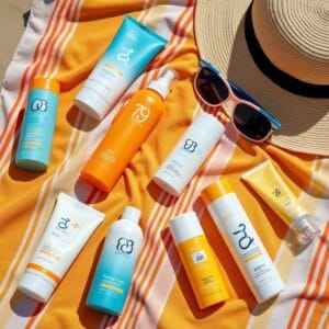 Uma variedade de protetores solares com diferentes texturas (loção, spray, bastão) e números de FPS, dispostos de forma organizada sobre uma toalha de praia colorida, com um chapéu de sol e óculos de sol ao lado, evocando a ideia de preparação para diferentes ocasiões.