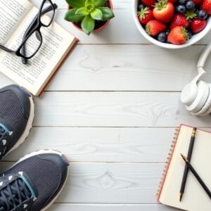 Uma composição de itens que representam o equilíbrio entre vida pessoal e trabalho. Pode incluir um par de tênis de corrida, um livro aberto, fones de ouvido (sugerindo música ou podcast), um hobby (como um novelo de lã e agulhas de tricô ou um pequeno vaso de planta sendo cuidado) e uma fruta fresca. A cena deve transmitir a ideia de atividades prazerosas e de autocuidado que acontecem fora do ambiente de trabalho.