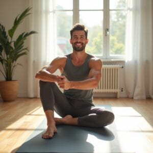 Uma pessoa em roupas de ginástica sentada em um tapete de ioga no chão de uma sala bem iluminada, fazendo um alongamento suave para as pernas. A expressão é de alívio e calma, não de dor. A luz suave da janela cria uma atmosfera tranquila e focada no autocuidado.