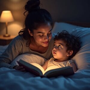 Um pai ou mãe lendo um livro para uma criança aconchegada em sua cama, com uma luminária de leitura suave, transmitindo uma atmosfera de amor e segurança.
