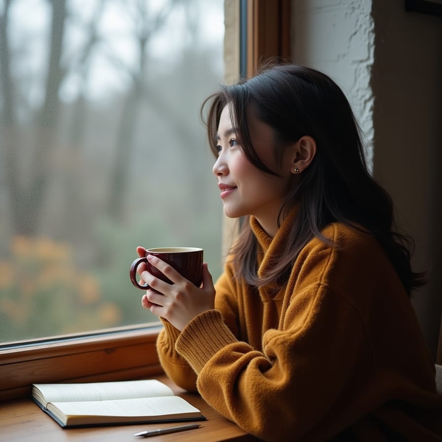 Foto de uma pessoa sentada perto de uma janela grande, olhando para fora com uma expressão pensativa e um leve sorriso. Ao lado, em uma mesa, um caderno aberto e uma xícara de chá ou café. A atmosfera é calma, introspectiva e cheia de potencial. Foto de uma pessoa sentada perto de uma janela grande, olhando para fora com uma expressão pensativa e um leve sorriso. Ao lado, em uma mesa, um caderno aberto e uma xícara de chá ou café. A atmosfera é calma, introspectiva e cheia de potencial.