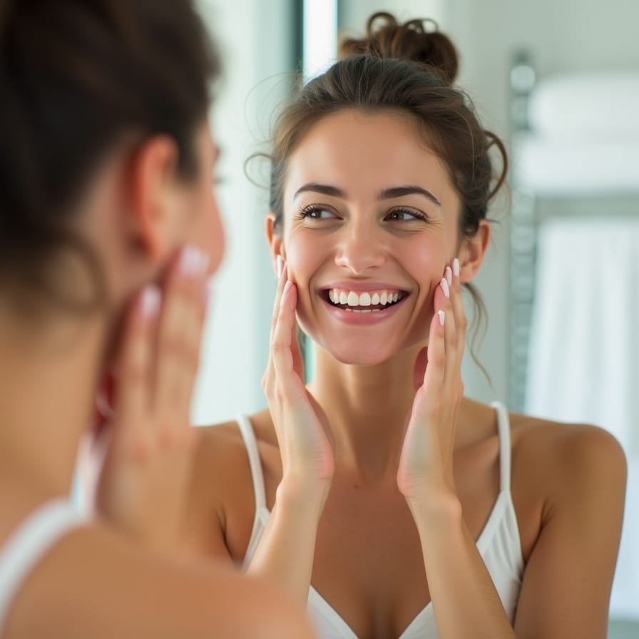 ma mulher jovem, feliz e confiante, olhando para seu reflexo em um espelho limpo. Sua pele está saudável, equilibrada e com um viço natural, sem oleosidade excessiva. Ela sorri suavemente, tocando o rosto com um ar de satisfação. O fundo é um banheiro claro e bem iluminado. ma mulher jovem, feliz e confiante, olhando para seu reflexo em um espelho limpo. Sua pele está saudável, equilibrada e com um viço natural, sem oleosidade excessiva. Ela sorri suavemente, tocando o rosto com um ar de satisfação. O fundo é um banheiro claro e bem iluminado.