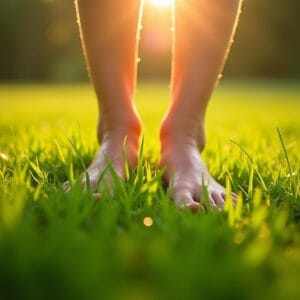 Close-up de pés descalços na grama verde e fresca, com o sol da tarde criando um brilho suave. A imagem deve evocar uma sensação de aterramento, simplicidade e reconexão com a natureza.