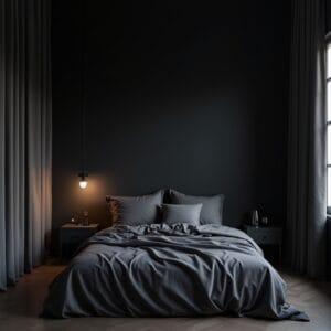 Um quarto minimalista, escuro e sereno, perfeitamente preparado para o sono. A cama está arrumada com lençóis de cor escura, as cortinas blackout estão fechadas e há uma iluminação ambiente muito fraca e quente vinda de um abajur. A imagem deve transmitir uma sensação de calma, tranquilidade e o ambiente ideal para uma recuperação de elite.
