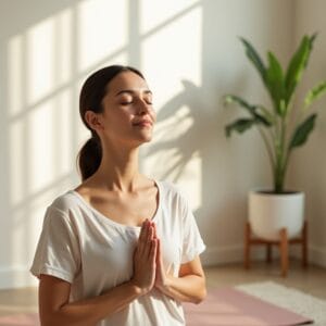 Uma pessoa praticando uma técnica de relaxamento, como meditação ou respiração profunda, em um ambiente tranquilo e iluminado por luz natural, transmitindo serenidade.