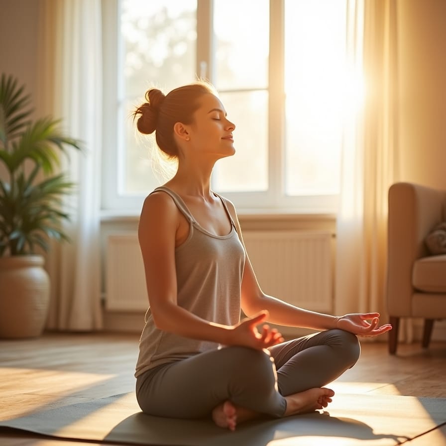 Uma pessoa em posição de meditação ou relaxamento em um ambiente calmo e bem iluminado pela luz do dia, transmitindo serenidade e o alívio do estresse diurno para uma melhor noite de sono. Uma pessoa em posição de meditação ou relaxamento em um ambiente calmo e bem iluminado pela luz do dia, transmitindo serenidade e o alívio do estresse diurno para uma melhor noite de sono.