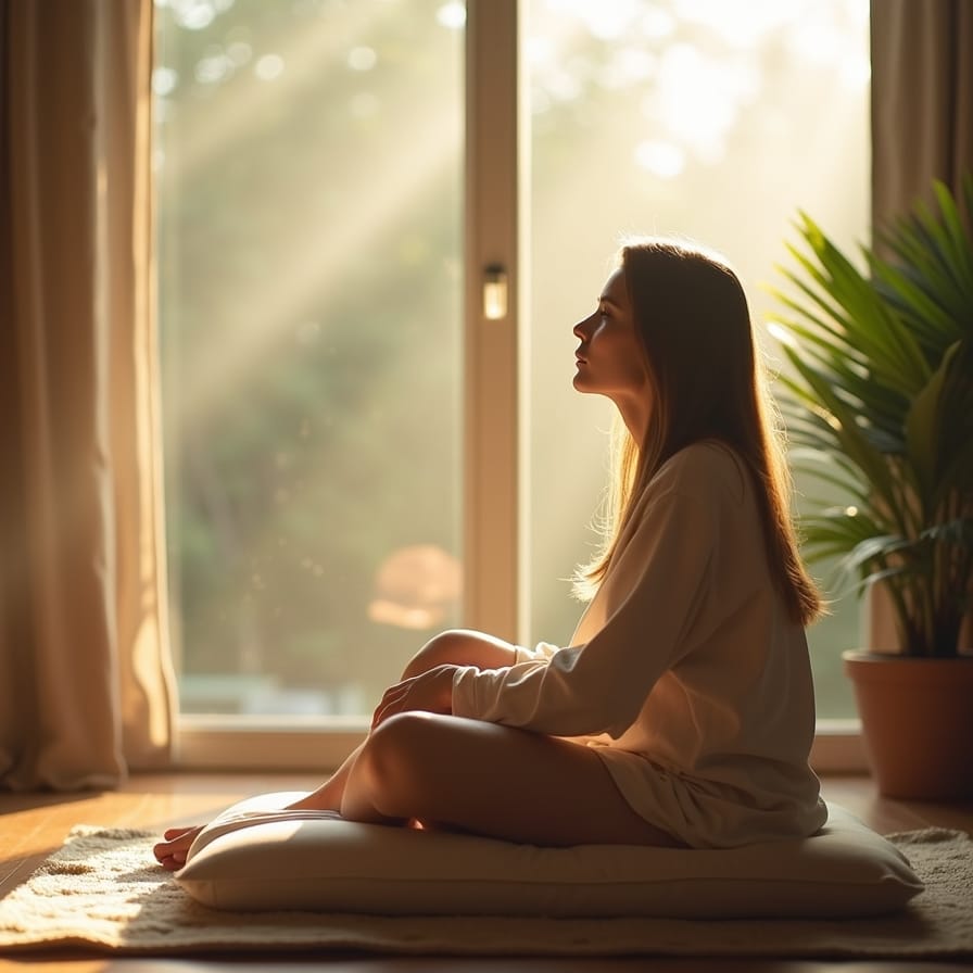 Uma pessoa com uma expressão serena e tranquila, sentada confortavelmente perto de uma janela com luz natural suave entrando. O ambiente é aconchegante e minimalista, transmitindo uma sensação de paz e introspecção. Uma pessoa com uma expressão serena e tranquila, sentada confortavelmente perto de uma janela com luz natural suave entrando. O ambiente é aconchegante e minimalista, transmitindo uma sensação de paz e introspecção.
