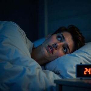 Uma pessoa deitada na cama, virada para o lado, com a expressão um pouco tensa e os olhos abertos, enquanto um relógio digital na mesa de cabeceira mostra a madrugada. O quarto está em penumbra, e a imagem transmite a frustração de não conseguir dormir devido ao estresse.
