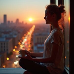 Uma pessoa fazendo uma pausa tranquila no seu dia. Pode ser em uma varanda, em um parque durante o horário de almoço ou até mesmo em uma cadeira de escritório, com os olhos fechados por um momento. A imagem deve transmitir a ideia de que é possível encontrar e criar pequenas ilhas de paz em meio à rotina agitada.