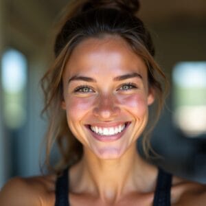 Uma pessoa com um sorriso genuíno, transpirando levemente e com uma expressão de satisfação após um treino. A luz é natural e suave, com um leve desfoque no fundo que sugere um ambiente de academia ou ao ar livre, transmitindo vitalidade e bemestar.