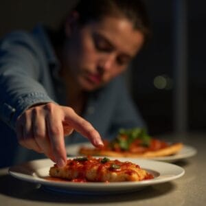Uma pessoa desviando o olhar de um prato de comida gordurosa e picante, com uma expressão ligeiramente desconfortável, simbolizando a evitação de alimentos que atrapalham o sono. O ambiente pode ser uma cozinha com luzes noturnas.