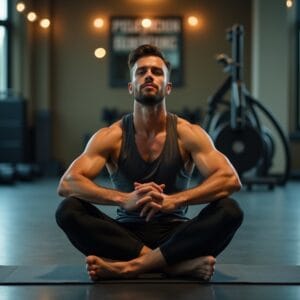 Uma pessoa com roupas de ginástica (homem ou mulher) sentada pacificamente em um tapete de yoga, em uma academia com luz ambiente suave. Ela parece cansada, mas satisfeita, recuperando o fôlego. O clima é de calma e reflexão, capturando o momento do póstreino e o início da recuperação.