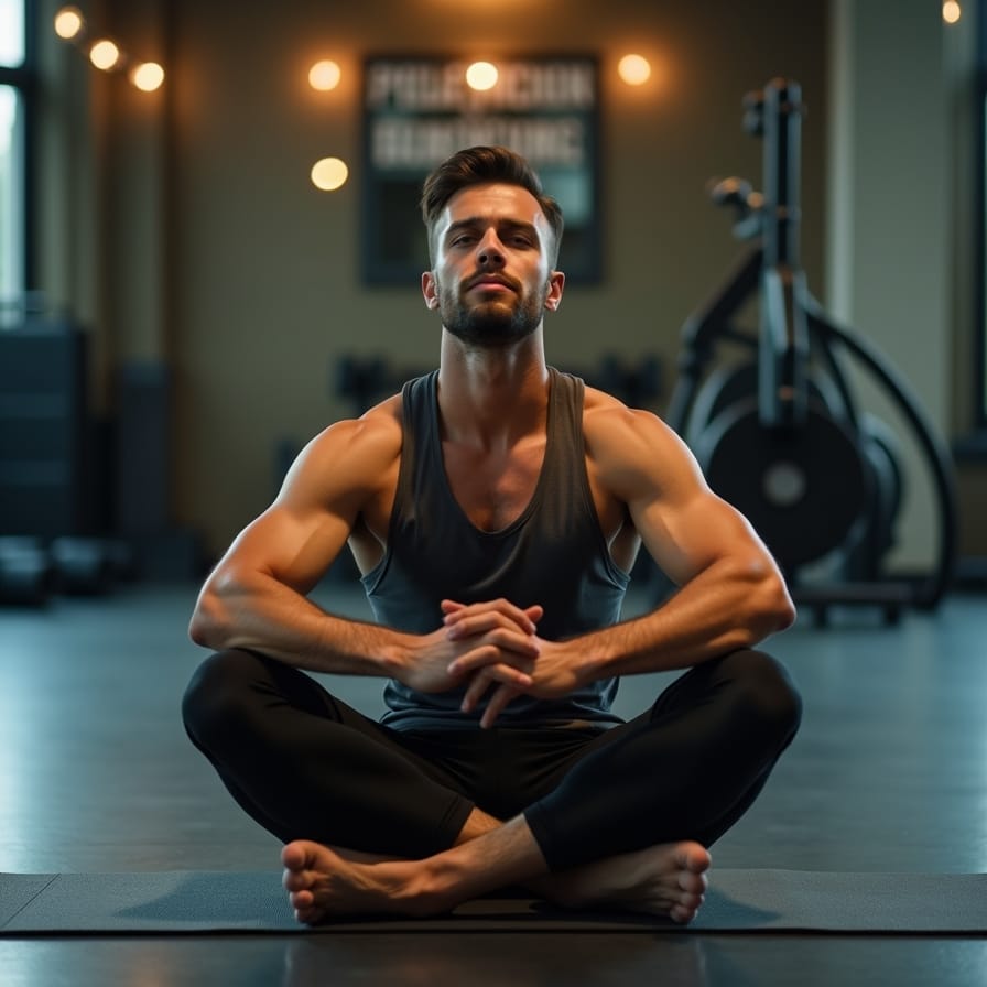 Uma pessoa com roupas de ginástica (homem ou mulher) sentada pacificamente em um tapete de yoga, em uma academia com luz ambiente suave. Ela parece cansada, mas satisfeita, recuperando o fôlego. O clima é de calma e reflexão, capturando o momento do póstreino e o início da recuperação. Uma pessoa com roupas de ginástica (homem ou mulher) sentada pacificamente em um tapete de yoga, em uma academia com luz ambiente suave. Ela parece cansada, mas satisfeita, recuperando o fôlego. O clima é de calma e reflexão, capturando o momento do póstreino e o início da recuperação.