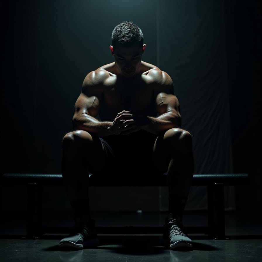 Um atleta (homem ou mulher) em um momento de calma e foco, talvez sentado em um banco de vestiário após um treino, com iluminação dramática. A expressão não é de exaustão, mas de concentração e introspecção, simbolizando a parte mental e recuperativa do esporte. Um atleta (homem ou mulher) em um momento de calma e foco, talvez sentado em um banco de vestiário após um treino, com iluminação dramática. A expressão não é de exaustão, mas de concentração e introspecção, simbolizando a parte mental e recuperativa do esporte.