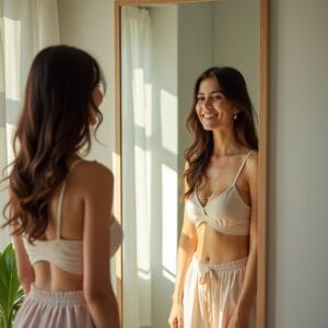 Uma mulher de aparência real e serena, em um banheiro bem iluminado com luz natural, olhando para o próprio reflexo no espelho com um sorriso leve e um olhar de autoconhecimento. O ambiente é limpo, com plantas ao fundo, transmitindo uma sensação de cuidado e bem-estar.