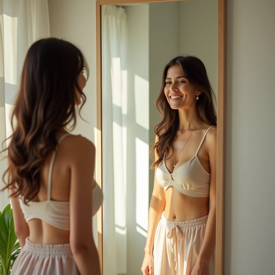 Uma mulher de aparência real e serena, em um banheiro bem iluminado com luz natural, olhando para o próprio reflexo no espelho com um sorriso leve e um olhar de autoconhecimento. O ambiente é limpo, com plantas ao fundo, transmitindo uma sensação de cuidado e bem-estar. Uma mulher de aparência real e serena, em um banheiro bem iluminado com luz natural, olhando para o próprio reflexo no espelho com um sorriso leve e um olhar de autoconhecimento. O ambiente é limpo, com plantas ao fundo, transmitindo uma sensação de cuidado e bem-estar.