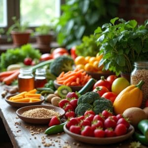 Uma mesa rústica e vibrante repleta de alimentos frescos e coloridos: frutas variadas (mangas, morangos, kiwis), vegetais (brócolis, cenouras, pimentões), grãos integrais em potes de vidro, e talvez um pote de mel ou azeite. A iluminação é natural e acolhedora, transmitindo uma sensação de abundância e bemestar.