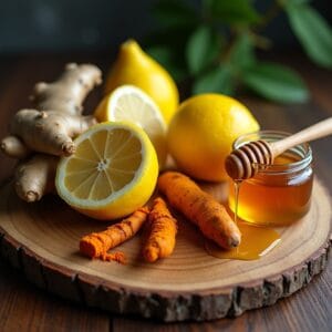 Uma composição rústica sobre uma tábua de madeira. Vemos ingredientes frescos: uma raiz de gengibre, um limão inteiro e outro cortado ao meio, uma raiz de cúrcuma com sua cor laranja intensa, e um pote de mel com o pegador escorrendo um fio dourado.