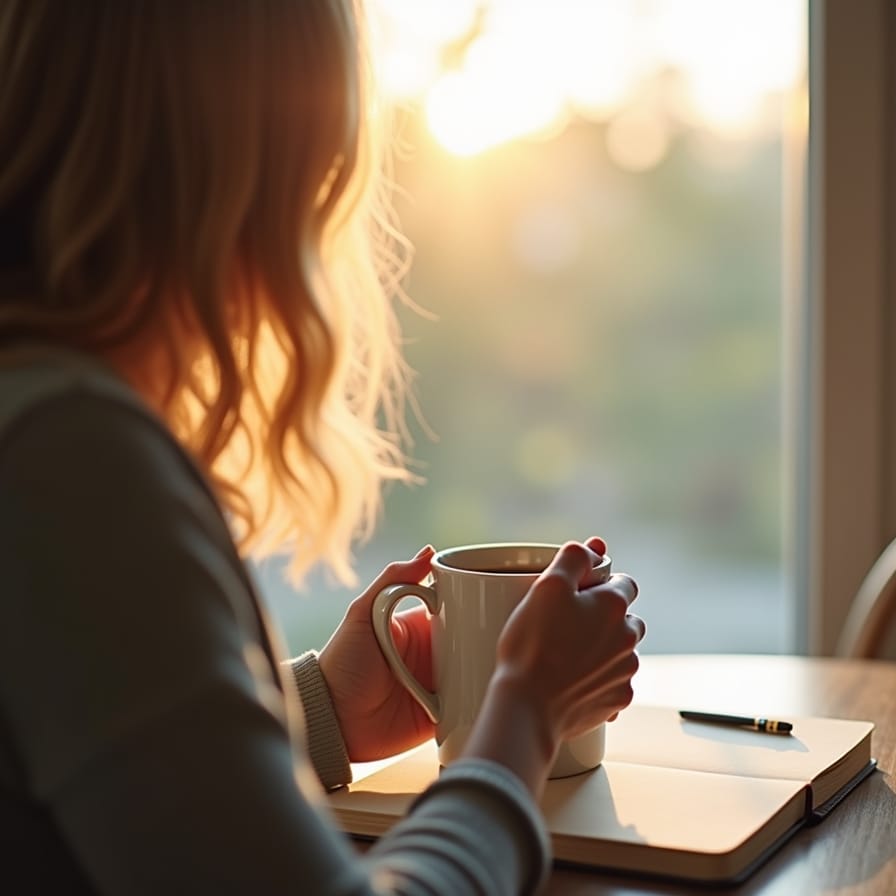 Uma imagem serena e inspiradora de uma pessoa sentada perto de uma janela com a luz suave da manhã entrando. Ela segura uma xícara quente com as duas mãos, olhando para fora com uma expressão calma e pensativa. Ao lado, um caderno simples e uma caneta. A atmosfera é de paz, intenção e um começo de dia tranquilo. Uma imagem serena e inspiradora de uma pessoa sentada perto de uma janela com a luz suave da manhã entrando. Ela segura uma xícara quente com as duas mãos, olhando para fora com uma expressão calma e pensativa. Ao lado, um caderno simples e uma caneta. A atmosfera é de paz, intenção e um começo de dia tranquilo.