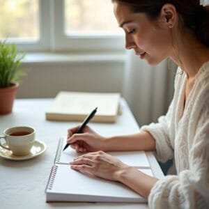 Uma pessoa sentada em um ambiente tranquilo, organizando uma agenda ou planner, com uma xícara de chá ao lado e uma expressão de serenidade e foco.