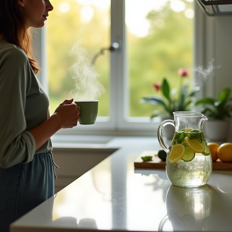 Uma pessoa (silhueta ou vista de costas) em uma cozinha moderna e luminosa, com uma xícara de chá verde fumegante na mão, olhando para uma janela com vista para um jardim ou paisagem natural. Há uma jarra de água com rodelas de limão e pepino na bancada, transmitindo a ideia de hidratação e bemestar em um ambiente tranquilo. Uma pessoa (silhueta ou vista de costas) em uma cozinha moderna e luminosa, com uma xícara de chá verde fumegante na mão, olhando para uma janela com vista para um jardim ou paisagem natural. Há uma jarra de água com rodelas de limão e pepino na bancada, transmitindo a ideia de hidratação e bemestar em um ambiente tranquilo.