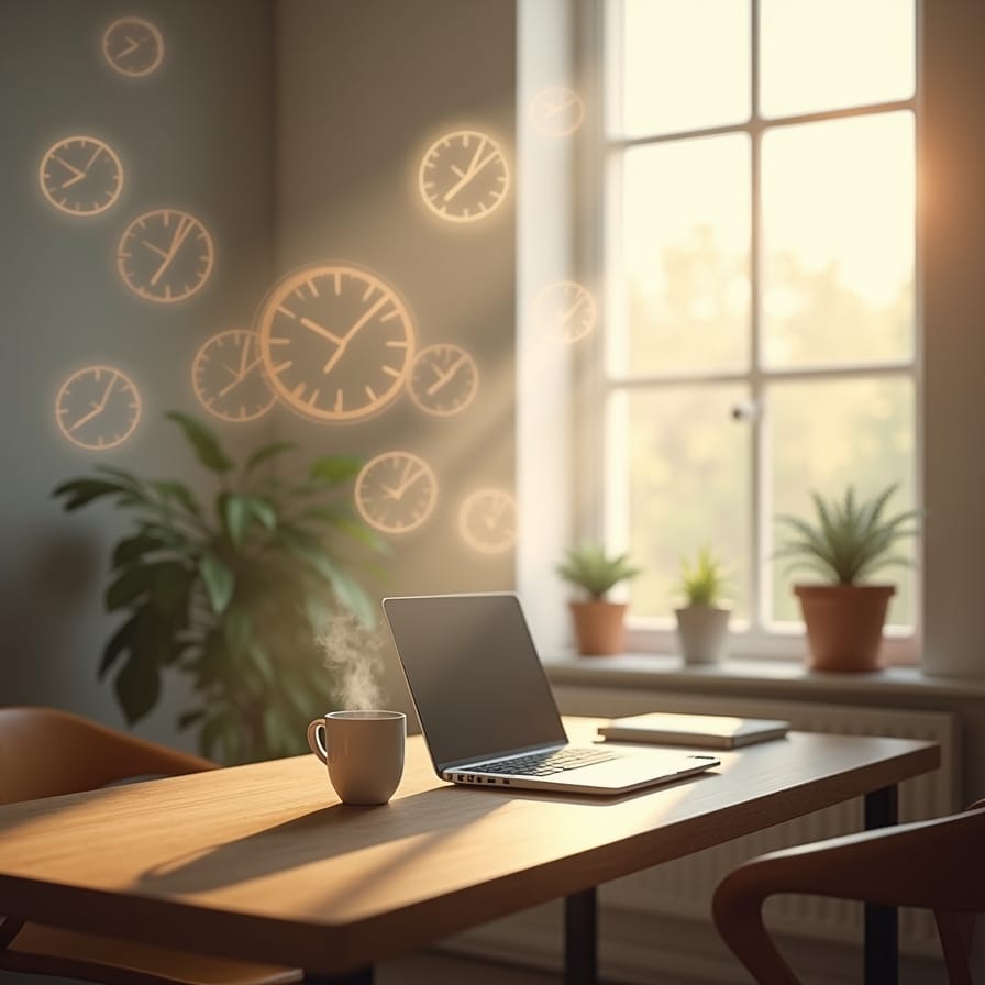 Uma cena serena e minimalista de um canto de home office banhado pela luz suave da manhã. Na mesa de madeira limpa, há um notebook aberto, uma xícara de chá fumegante e uma pequena planta verde. A sensação geral é de calma, foco e vida intencional. Uma cena serena e minimalista de um canto de home office banhado pela luz suave da manhã. Na mesa de madeira limpa, há um notebook aberto, uma xícara de chá fumegante e uma pequena planta verde. A sensação geral é de calma, foco e vida intencional.