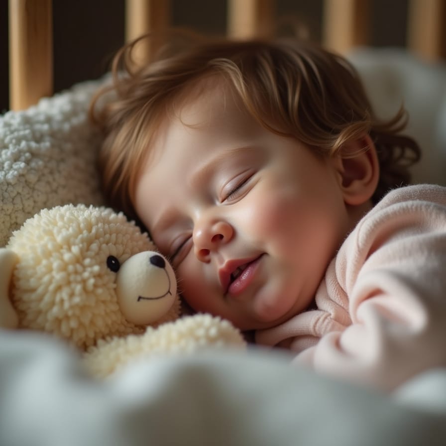 Uma criança dormindo profundamente e sorrindo em seu berço, com uma iluminação suave e quente, transmitindo paz e serenidade. Ao fundo, um ursinho de pelúcia fofo. Uma criança dormindo profundamente e sorrindo em seu berço, com uma iluminação suave e quente, transmitindo paz e serenidade. Ao fundo, um ursinho de pelúcia fofo.