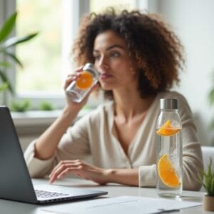 Uma pessoa (mulher, 20s-30s) sentada em uma mesa de trabalho ou estudo bem organizada e iluminada, com um notebook aberto e uma garrafa de água transparente ao seu lado, da qual ela está prestes a tomar um gole. O ambiente é limpo e produtivo, com luz natural. Transmite a ideia de hidratação contínua e bem-estar durante o dia, além do primeiro copo.