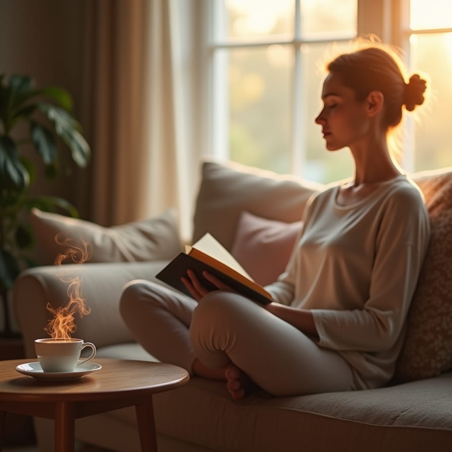 Uma pessoa sentada confortavelmente em um sofá iluminado pela luz do sol, lendo um livro ou meditando, com uma xícara de chá ao lado. A imagem transmite paz e tranquilidade, com cores suaves e aconchegantes, focando na introspecção e no bemestar pessoal. Uma pessoa sentada confortavelmente em um sofá iluminado pela luz do sol, lendo um livro ou meditando, com uma xícara de chá ao lado. A imagem transmite paz e tranquilidade, com cores suaves e aconchegantes, focando na introspecção e no bemestar pessoal.