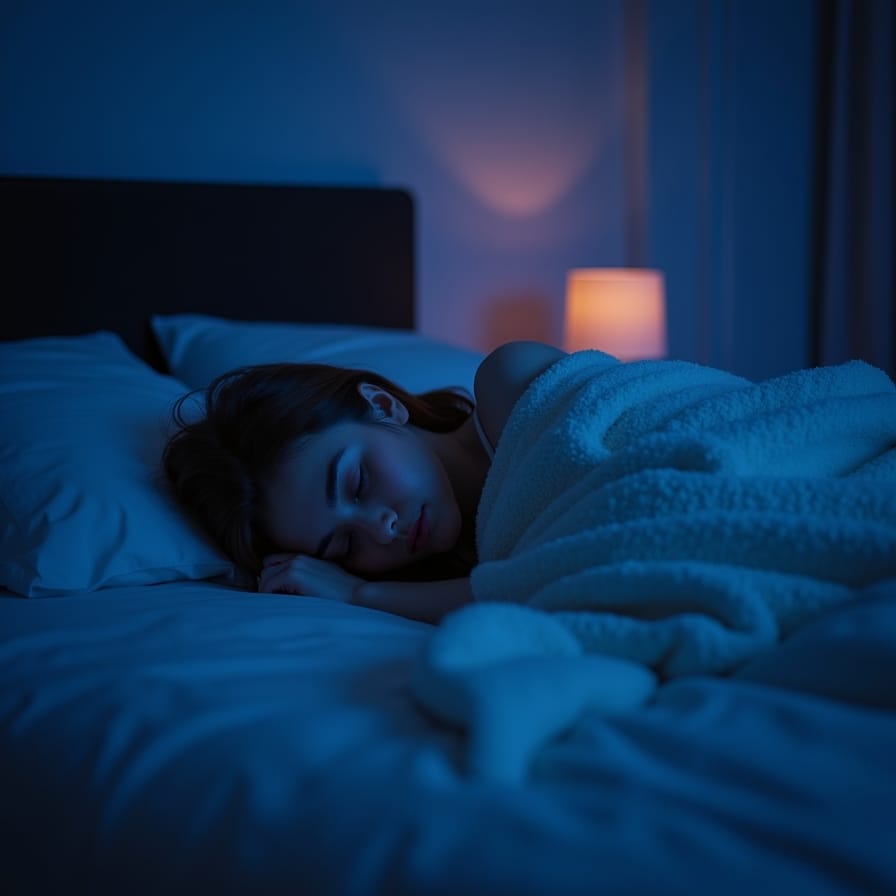 Uma pessoa serena dormindo profundamente em uma cama aconchegante, com tons suaves de azul e roxo no ambiente, transmitindo paz e relaxamento. Uma pessoa serena dormindo profundamente em uma cama aconchegante, com tons suaves de azul e roxo no ambiente, transmitindo paz e relaxamento.