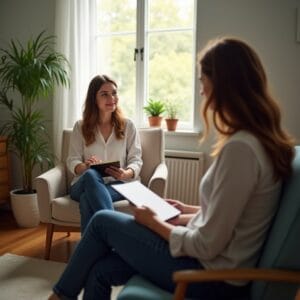 Uma pessoa sentada confortavelmente em uma poltrona, escrevendo em um diário, com um terapeuta ao lado, simbolizando a sessão de TCCI. O ambiente é acolhedor e seguro, transmitindo a ideia de autoconhecimento e apoio profissional.