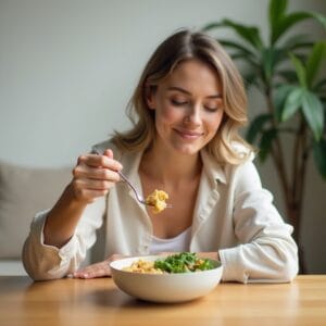 Uma pessoa sentada à mesa, com um prato colorido à sua frente, mas o foco está em seu rosto sereno e no garfo a meio caminho da boca. Ela está de olhos fechados, com um leve sorriso, saboreando o momento. O ambiente é calmo e iluminado, sugerindo a prática do mindful eating.
