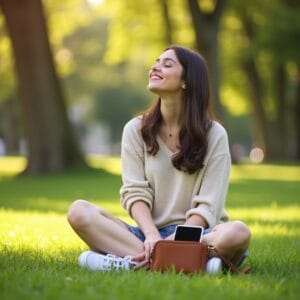 Uma pessoa sentada em um parque ensolarado, olhando para a paisagem com um sorriso sereno, enquanto um celular está guardado na bolsa ao lado, fora de vista, transmitindo paz e conexão com a natureza.