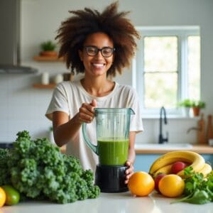 Uma pessoa sorridente em uma cozinha iluminada pelo sol, preparando um smoothie verde em um liquidificador, com várias folhas de vegetais escuras frescas e frutas coloridas espalhadas sobre a bancada. A cena irradia bemestar e praticidade.