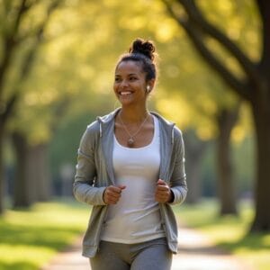 Uma pessoa sorrindo, fazendo uma caminhada leve em um parque arborizado, com fones de ouvido, transmitindo uma sensação de paz, movimento e autocuidado.