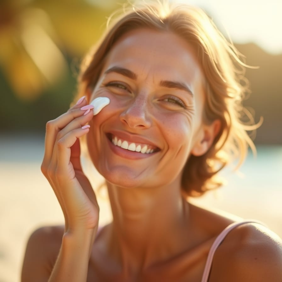 Uma pessoa sorridente e relaxada, talvez na praia ou em um parque ensolarado, aplicando protetor solar no rosto com um gesto leve e confiante. A luz do sol é suave e dourada, transmitindo uma sensação de bemestar e cuidado. Uma pessoa sorridente e relaxada, talvez na praia ou em um parque ensolarado, aplicando protetor solar no rosto com um gesto leve e confiante. A luz do sol é suave e dourada, transmitindo uma sensação de bemestar e cuidado.